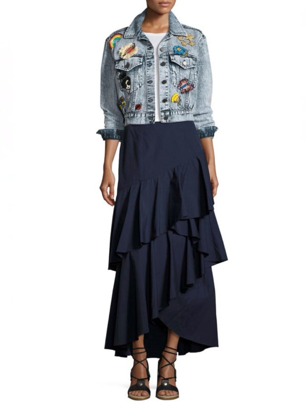 ALICE + OLIVIA Martina Navy Blue Cotton Poplin Ruffle Tiered Maxi Skirt, Size 10